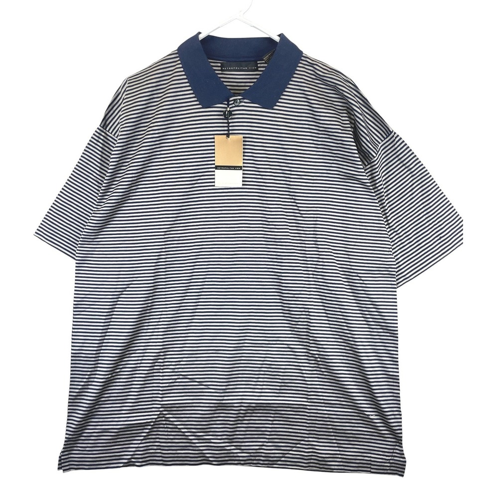 Metropolitan View Men's XL Navy Blue White Striped Polo Shirt Cotton SS